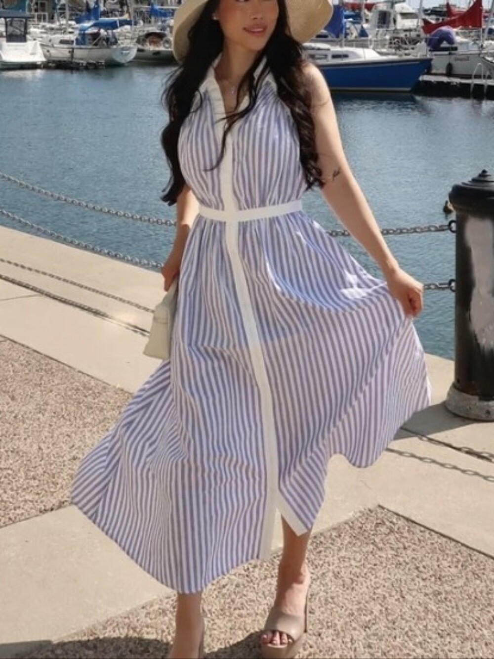 Commense Dress Midi Halter Striped Cotton Blend M NWT